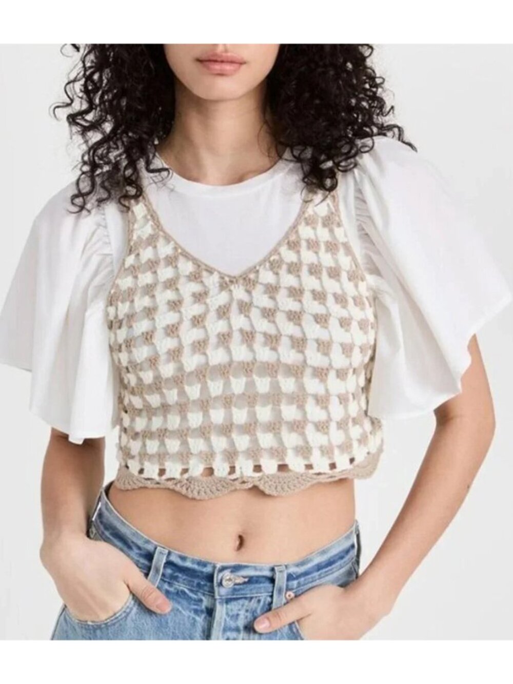 New En Saison Mirabeau Two-fer Crochet Crop Top Beige White XS $124